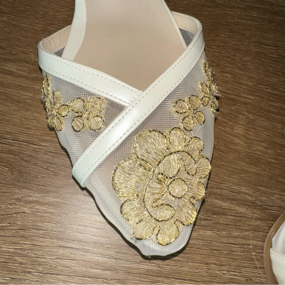 Bridal Ivory Gold Floral Flats Pointed Toe Ankle‎ Strap 42.5